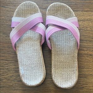 Pink and Tan Women's Slide Sandals